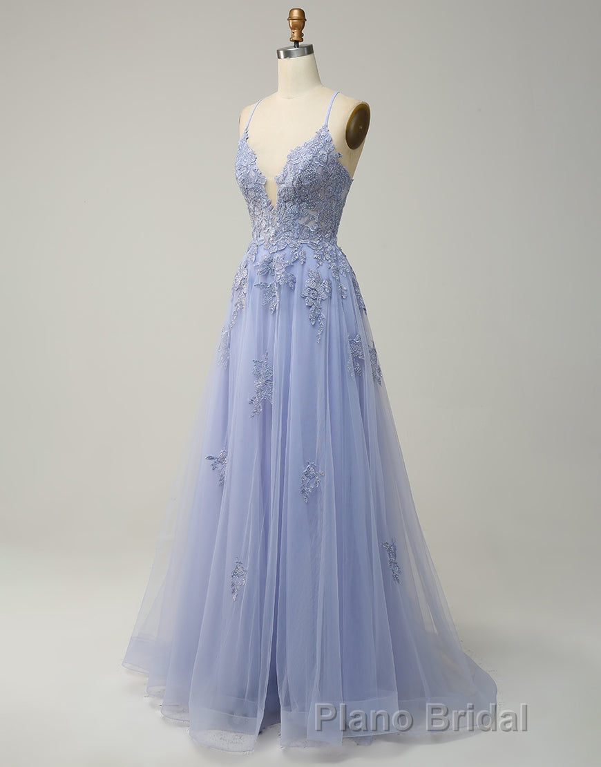 A-Line Tulle Spaghetti Straps Appliques Long Formal Prom Dresses with Alit