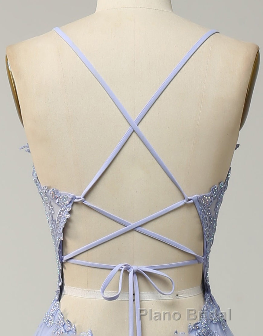 A-Line Tulle Spaghetti Straps Appliques Long Formal Prom Dresses with Alit