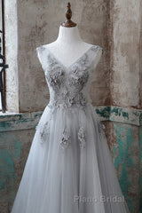 Grey V-Neckline Tulle With Lace Long Prom Dresses, Grey A-Line Formal Prom Dresses