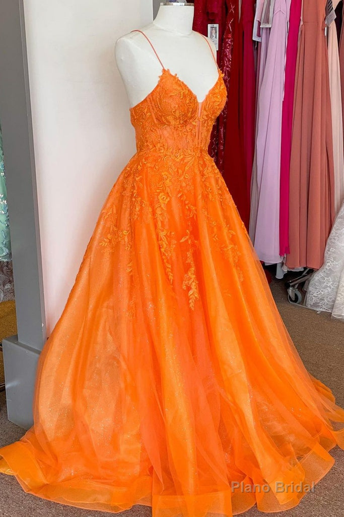 A Line V Neck Orange Lace Long Prom Dress, Orange Lace Formal Dress, Orange Evening Dress Main image