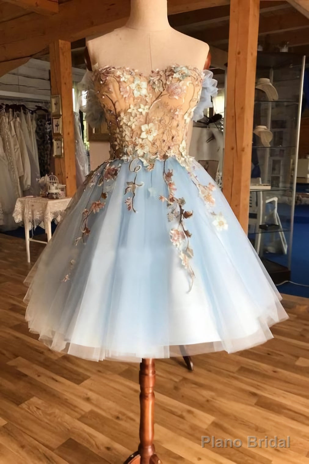 A Line Light Blue Off The Shoulder Above Knee Homecoming Prom Dresses With Appliques Main image