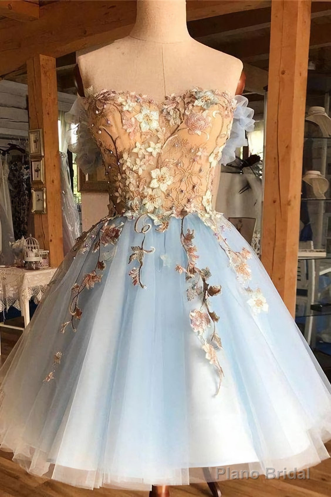 A Line Light Blue Off The Shoulder Above Knee Homecoming Prom Dresses With Appliques