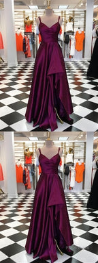 Purple Spaghetti Straps Sleeveless Long Prom Dresses, Split Evening Dresses, B0975