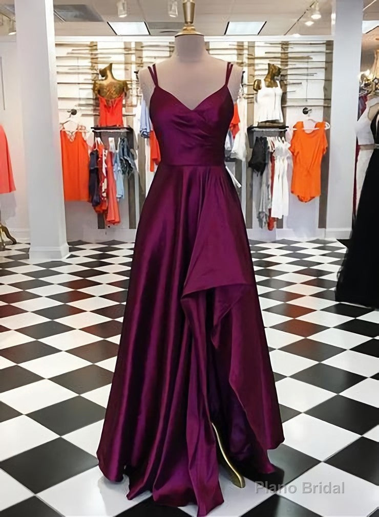 Purple Spaghetti Straps Sleeveless Long Prom Dresses, Split Evening Dresses, B0975