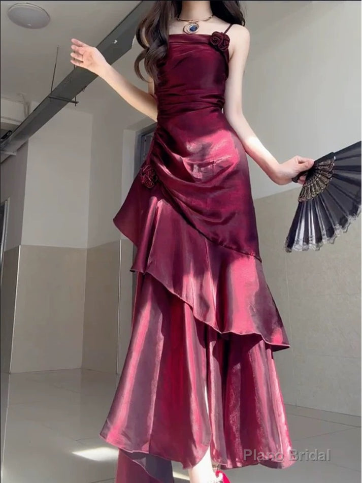 Wine Red Satin Long Straps Prom Dress Wine Red A-line Party Dress