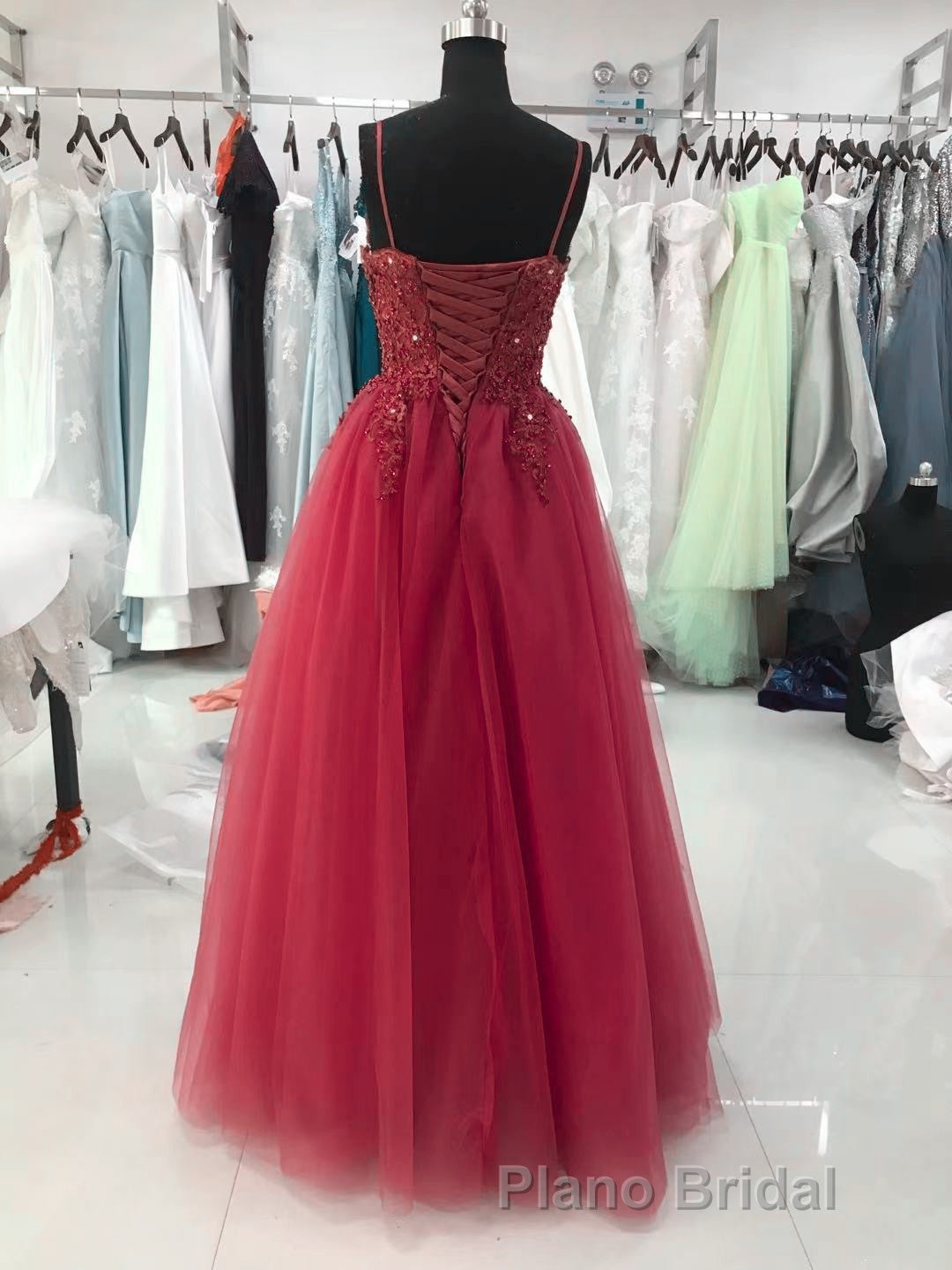 Wine Red Tulle Straps Lace Applique Long Prom Dresses, Wine Red Formal Prom Dresses Secondary image