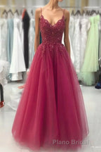 Wine Red Tulle Straps Lace Applique Long Prom Dresses, Wine Red Formal Prom Dresses