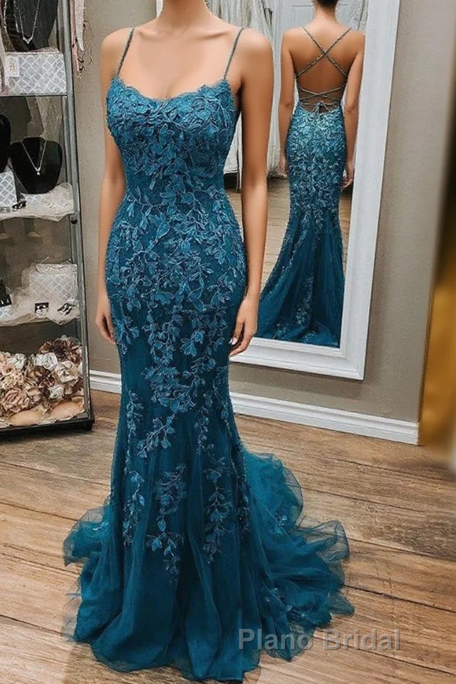Mermaid Lace Appliques Straps Long Formal Prom Dresses Evening Dresses