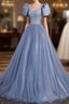 Ball Gown Dusty Blue Formal Prom Dresses with Bubble Sleeves