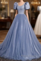 Ball Gown Dusty Blue Formal Prom Dresses with Bubble Sleeves