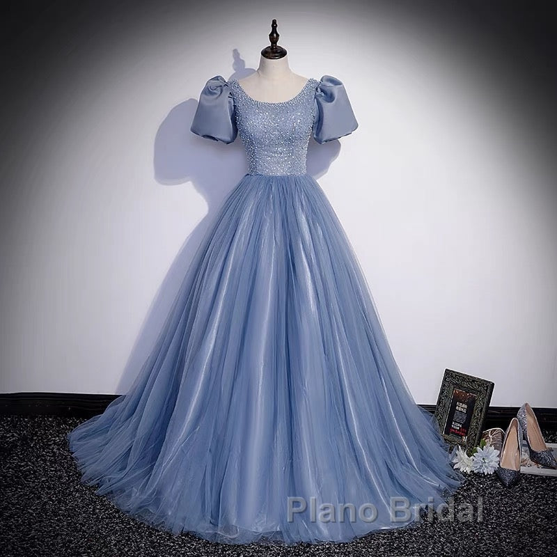 Ball Gown Dusty Blue Formal Prom Dresses with Bubble Sleeves