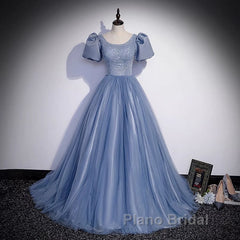 Ball Gown Dusty Blue Formal Prom Dresses with Bubble Sleeves