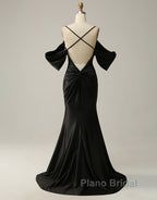 Black Off The Shoulder Criss-Cross Back Long Satin Formal Prom Dresses