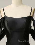 Black Off The Shoulder Criss-Cross Back Long Satin Formal Prom Dresses