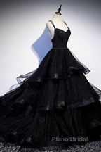 Black Tulle Open Back V Neck Beaded Layered Long Formal Prom Dresses