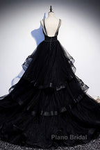 Black Tulle Open Back V Neck Beaded Layered Long Formal Prom Dresses