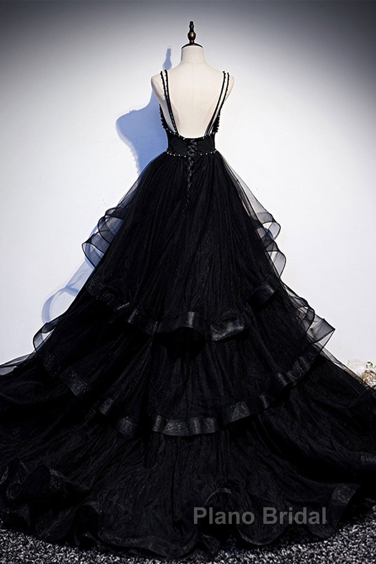 Black Tulle Open Back V Neck Beaded Layered Long Formal Prom Dresses
