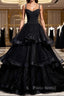 Black Tulle Open Back V Neck Beaded Layered Long Formal Prom Dresses