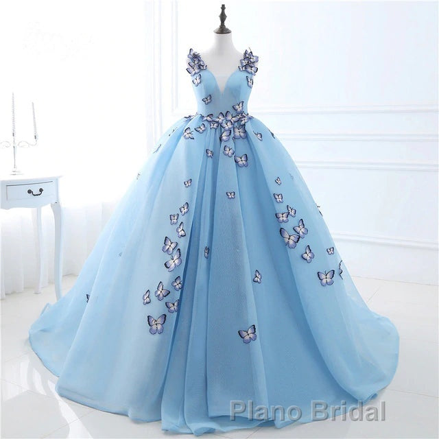 Blue Butterfly Flowers Lace Up Ball Gowns Long Formal Prom Dresses