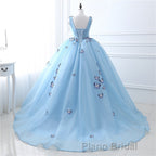 Blue Butterfly Flowers Lace Up Ball Gowns Long Formal Prom Dresses