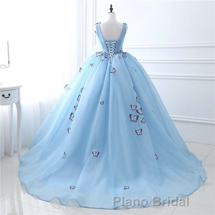 Blue Butterfly Flowers Lace Up Ball Gowns Long Formal Prom Dresses