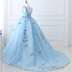 Blue Butterfly Flowers Lace Up Ball Gowns Long Formal Prom Dresses
