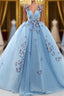 Blue Butterfly Flowers Lace Up Ball Gowns Long Formal Prom Dresses