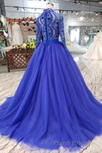 Blue Long Sleeves V Neck Tulle Formal Prom Dresses with Beading
