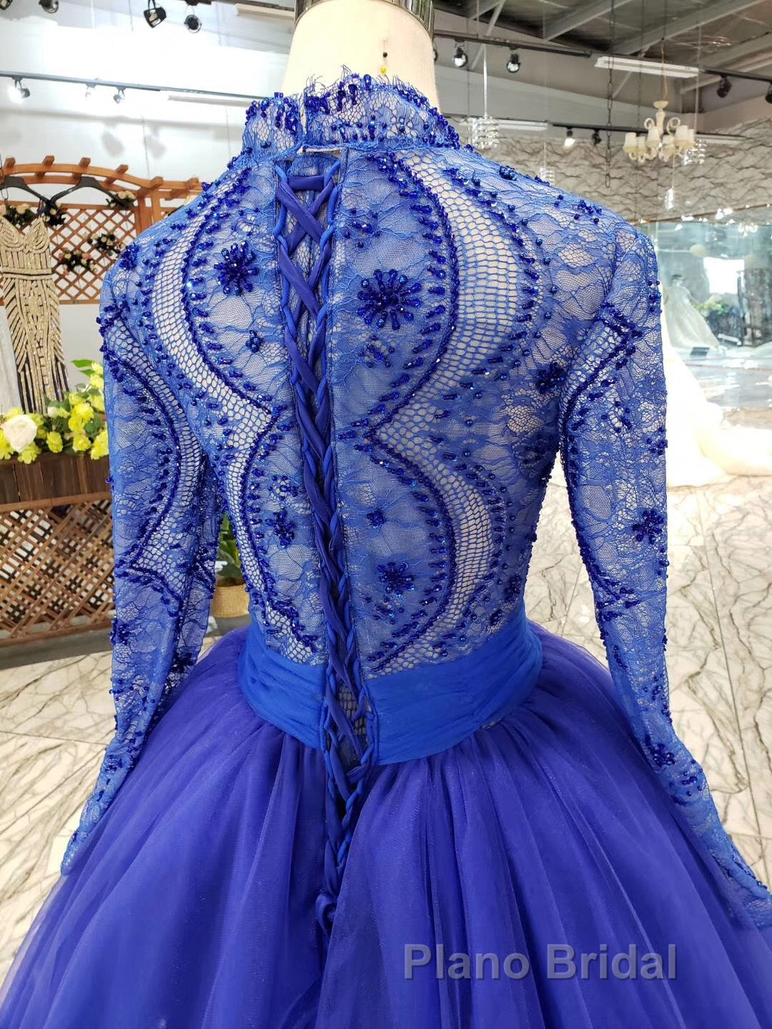 Blue Long Sleeves V Neck Tulle Formal Prom Dresses with Beading