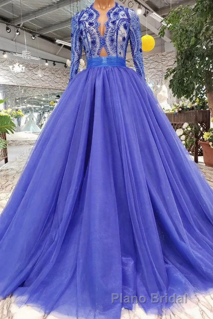 Blue Long Sleeves V Neck Tulle Formal Prom Dresses with Beading Main image