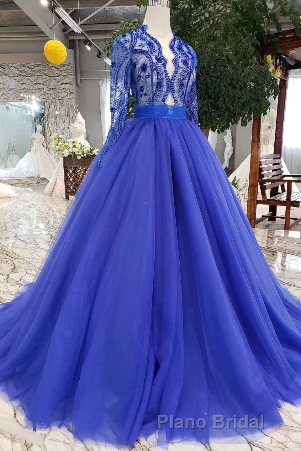 Blue Long Sleeves V Neck Tulle Formal Prom Dresses with Beading Secondary image