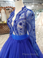 Blue Long Sleeves V Neck Tulle Formal Prom Dresses with Beading