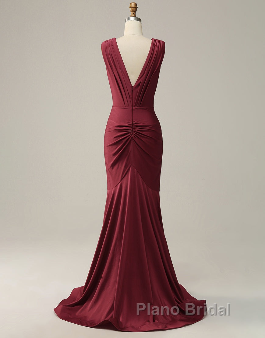 Burgundy Mermaid V-Neck Long Glitter Formal Prom Dresses With Pleating