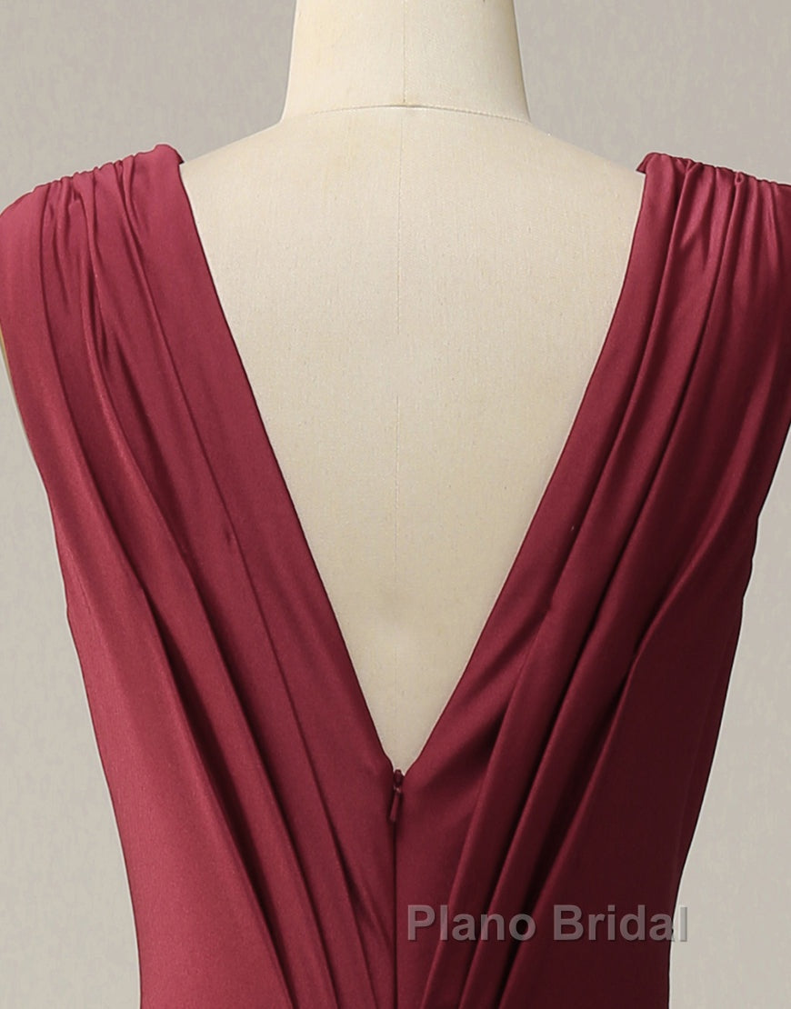 Burgundy Mermaid V-Neck Long Glitter Formal Prom Dresses With Pleating