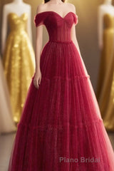 A-line Sweetheart Neck Tulle Burgundy Long Formal Prom Dresses, Off Shoulder Burgundy Prom Dresses