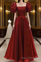 Burgundy A Line Long Formal Prom Dresses with Short Sleeves, New Party Gown