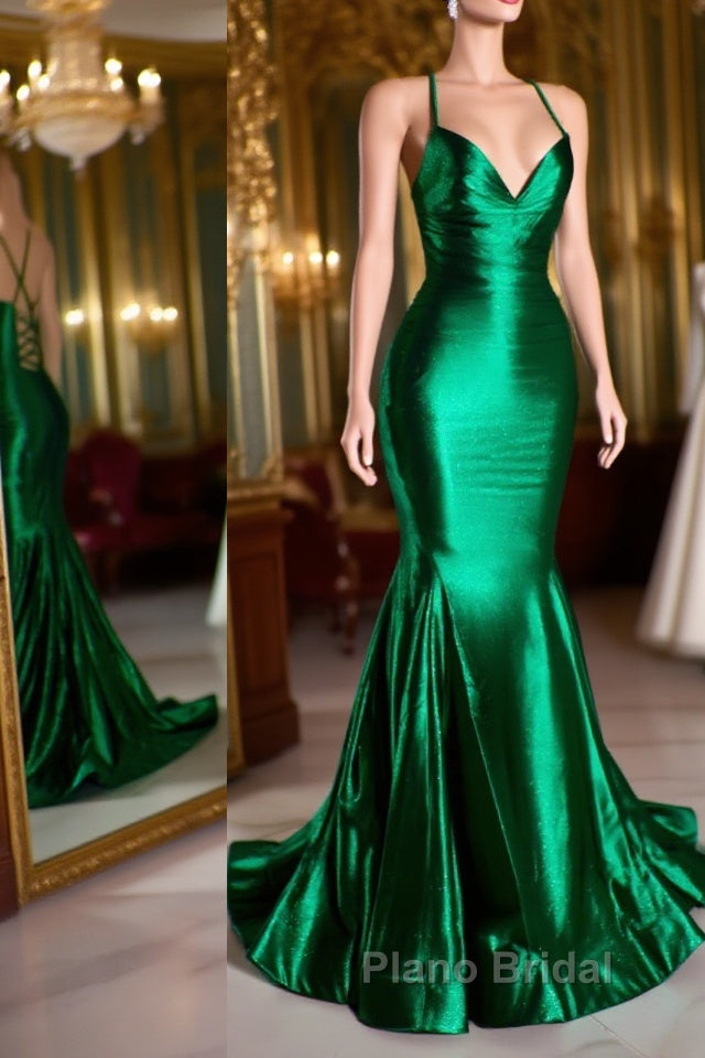 Satin Trumpet V-Neck Spaghetti Straps Formal Prom Evening Dresses For Black Girls