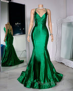 Satin Trumpet V-Neck Spaghetti Straps Formal Prom Evening Dresses For Black Girls
