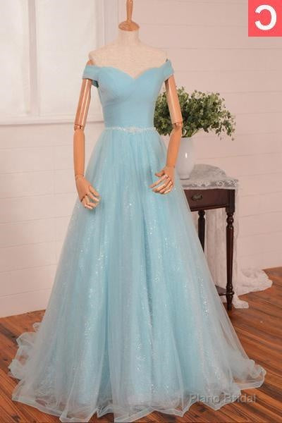 2025 Blue Floor-Length/Long A-Line/Princess Off-the-Shoulder Beading Tulle Prom Dresses Main image