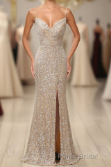 Silver Sequins Long Formal Prom Dresses with Slit
