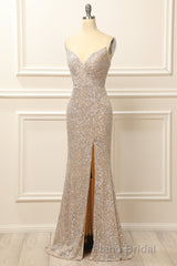 Silver Sequins Long Formal Prom Dresses with Slit