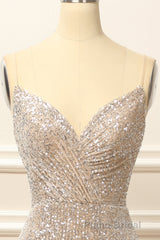 Silver Sequins Long Formal Prom Dresses with Slit