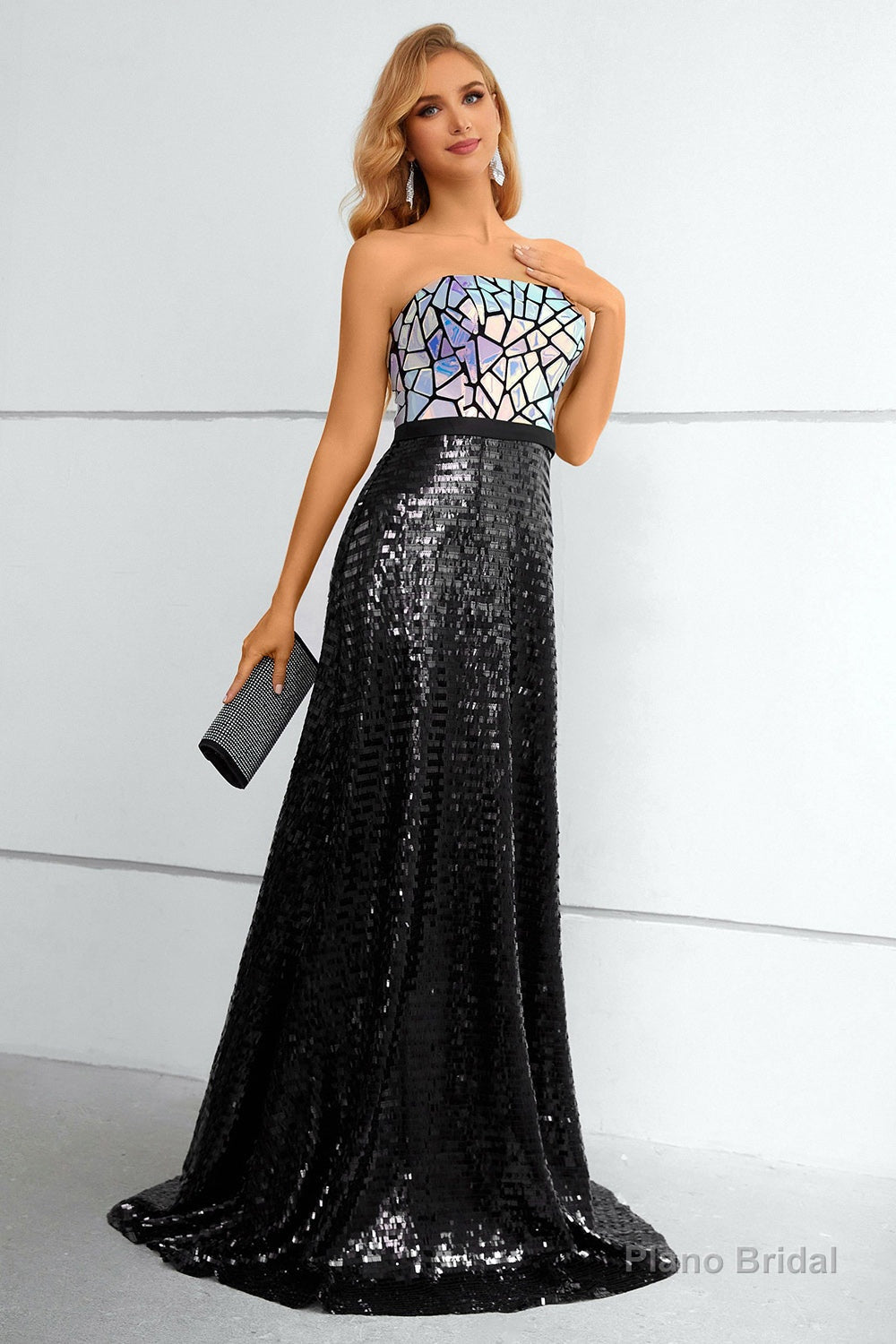 Black Sequined Strapless Prom Dress