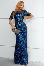 Royal Blue Sequined Short Sleeves Formal Dress