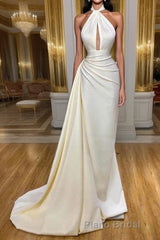 Ivory Halter Long Evening Formal Prom Dresses With Split Detachable Train