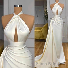 Ivory Halter Long Evening Formal Prom Dresses With Split Detachable Train