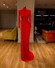 Glamorous High Neck Long Sleeve Red Formal Prom Dresses Long With Split