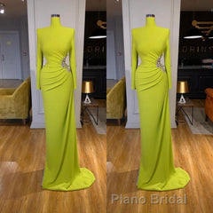 Ginger yellow High-neck Long-sleeves Metallic Beaded Mermaid Formal Prom Dresses