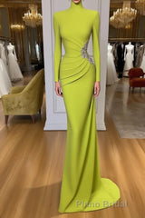 Ginger yellow High-neck Long-sleeves Metallic Beaded Mermaid Formal Prom Dresses