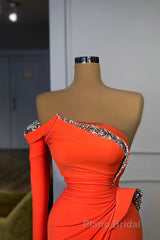 Long sleeves Strapless Orange Sequined Long Formal Prom Dresses
